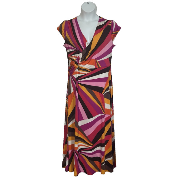 Women's XL cap sleeve cross front gold multi colored striped xlong A-line dress - Picture 1 of 4
